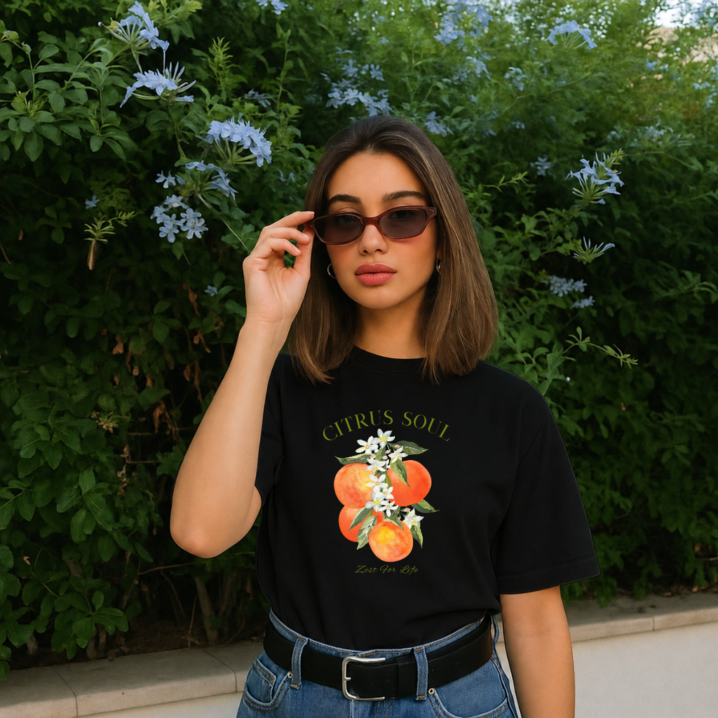 Camiseta con estampado,  100% Algodón, Camiseta casual de manga corta y cuello redondo, con diseño naranjas  DTF. Perfecta para el estilo diario.