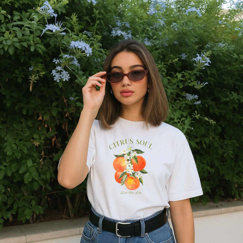 Camiseta con estampado,  100% Algodón, Camiseta casual de manga corta y cuello redondo, con diseño naranjas  DTF. Perfecta para el estilo diario.