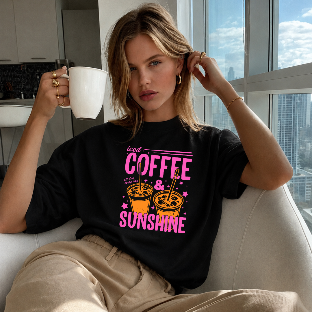 Camiseta con estampado,  100% Algodón, Camiseta casual de manga corta y cuello redondo, con diseño coffee sunshine  DTF. Perfecta para el estilo diario.