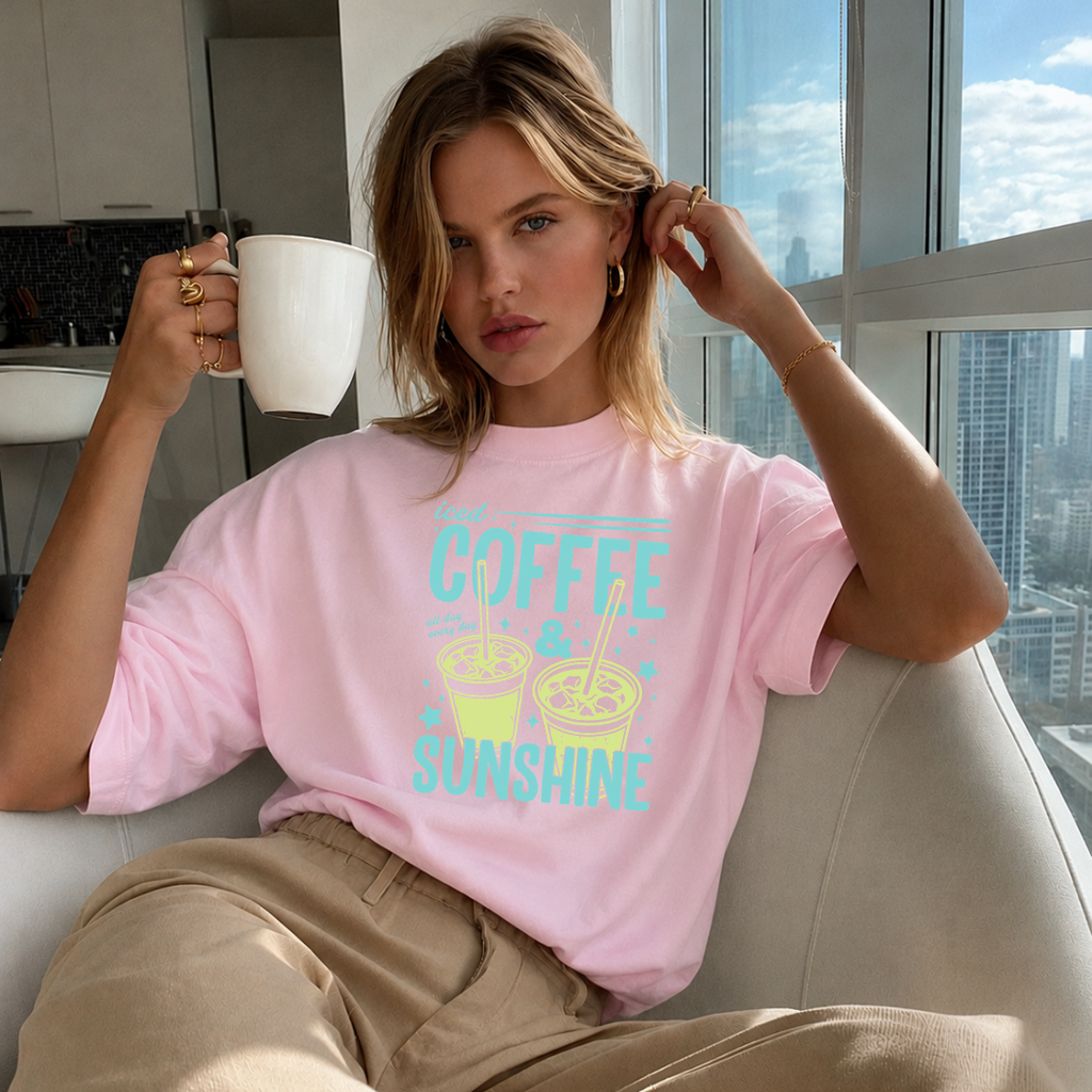 Camiseta con estampado,  100% Algodón, Camiseta casual de manga corta y cuello redondo, con diseño Coffee Sunshine Azul DTF. Perfecta para el estilo diario.