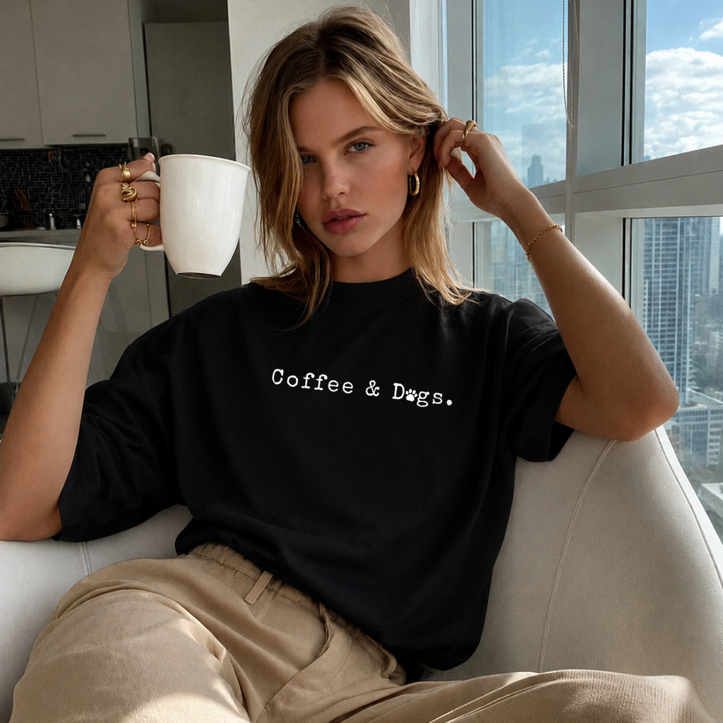 Camiseta con estampado,  100% Algodón, Camiseta casual de manga corta y cuello redondo, con diseño Coffe y Dogs DTF. Perfecta para el estilo diario.