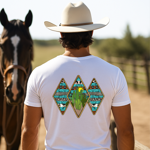 Camiseta casual de corte holgado con cuello redondo, manga corta, 100% Algodón, con diseño vaquero Cactus . Perfecta para el estilo diario.