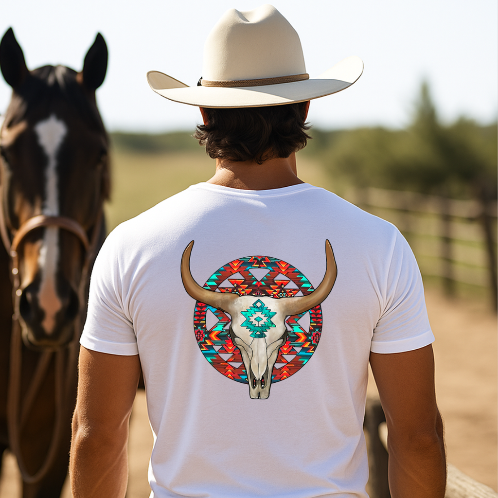 Camiseta casual de corte holgado con cuello redondo, manga corta, 100% Algodón, con diseño vaquero craneo azteca. Perfecta para el estilo diario.