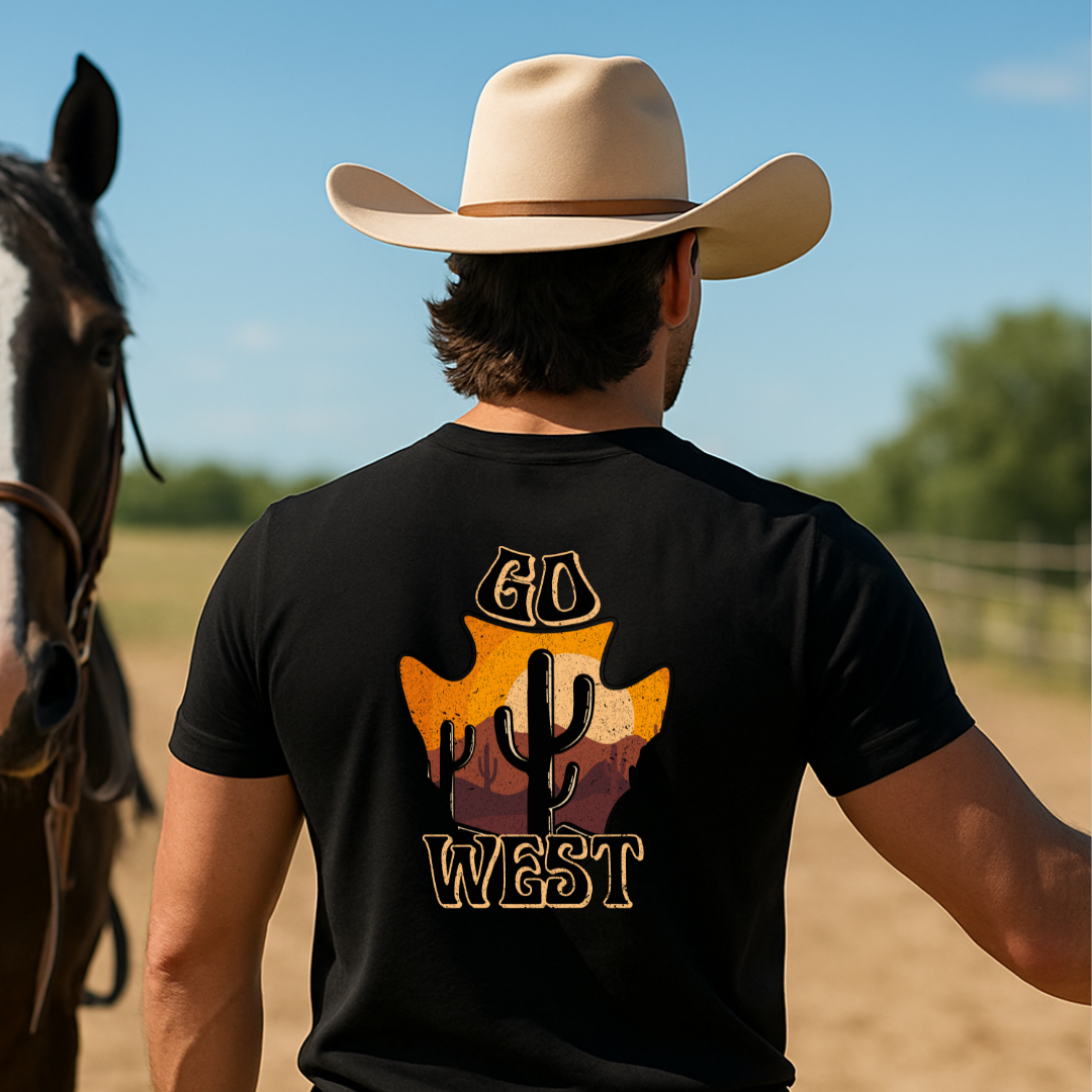 Camiseta casual de corte holgado con cuello redondo, manga corta, 100% Algodón, con diseño vaquero Go west. Perfecta para el estilo diario.
