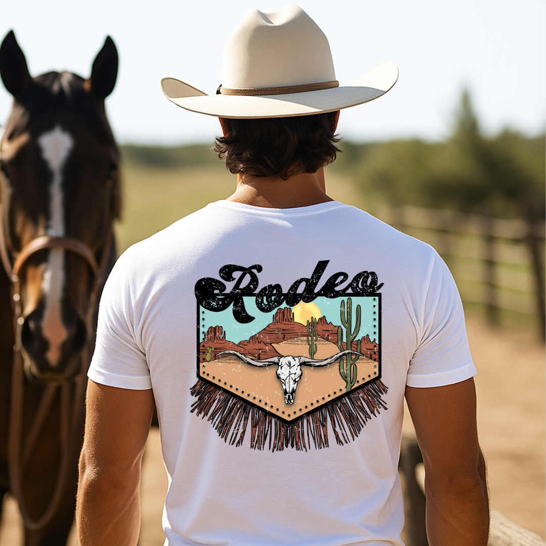 Camiseta casual de corte holgado con cuello redondo, manga corta, 100% Algodón, con diseño vaquero Rodeo. Perfecta para el estilo diario.
