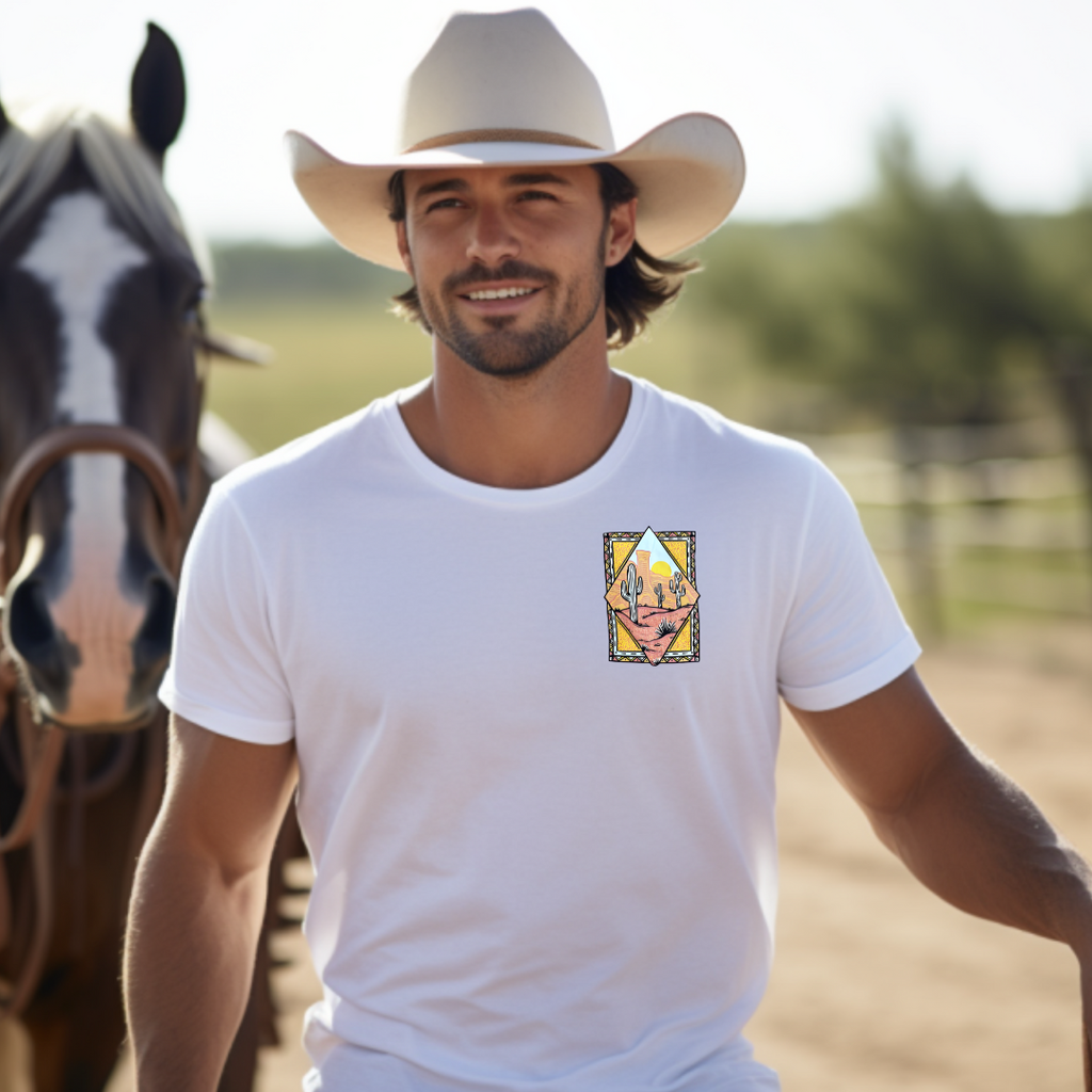 Camiseta casual de corte holgado con cuello redondo, manga corta, 100% Algodón, con diseño vaquero Carta Cactus. Perfecta para el estilo diario.