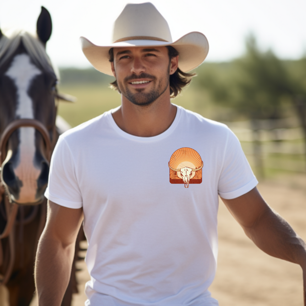 Camiseta casual de corte holgado con cuello redondo, manga corta, 100% Algodón, con diseño vaquero craneo sol. Perfecta para el estilo diario.