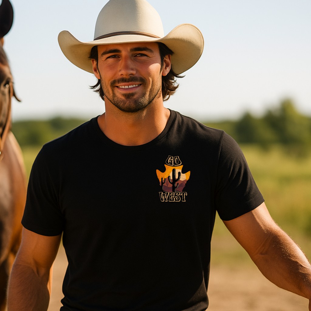Camiseta casual de corte holgado con cuello redondo, manga corta, 100% Algodón, con diseño vaquero Go west. Perfecta para el estilo diario.