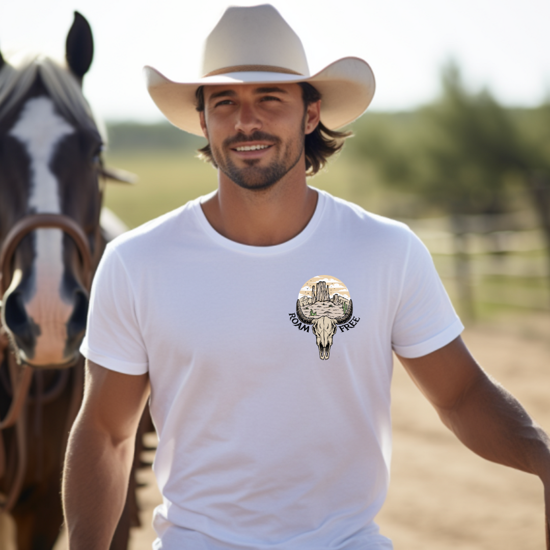 Camiseta casual de corte holgado con cuello redondo, manga corta, 100% Algodón, con diseño vaquero Roam free. Perfecta para el estilo diario.