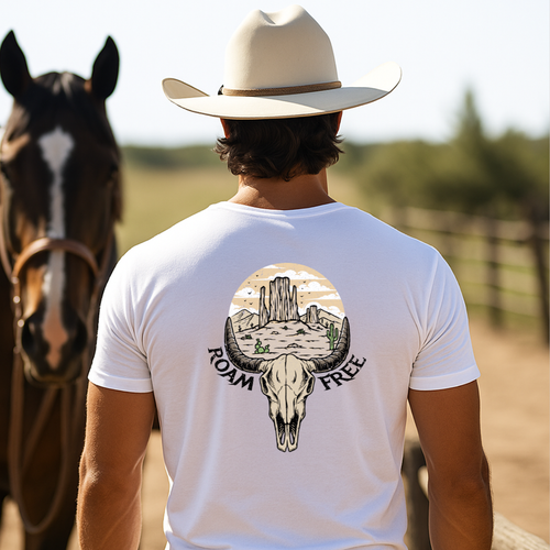 Camiseta casual de corte holgado con cuello redondo, manga corta, 100% Algodón, con diseño vaquero Roam free. Perfecta para el estilo diario.