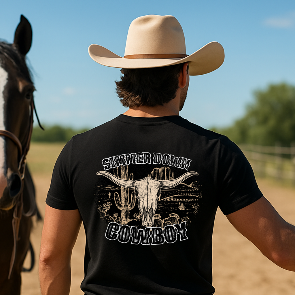Camiseta casual de corte holgado con cuello redondo, manga corta, 100% Algodón, con diseño vaquero Simmer down Cowboy. Perfecta para el estilo diario.