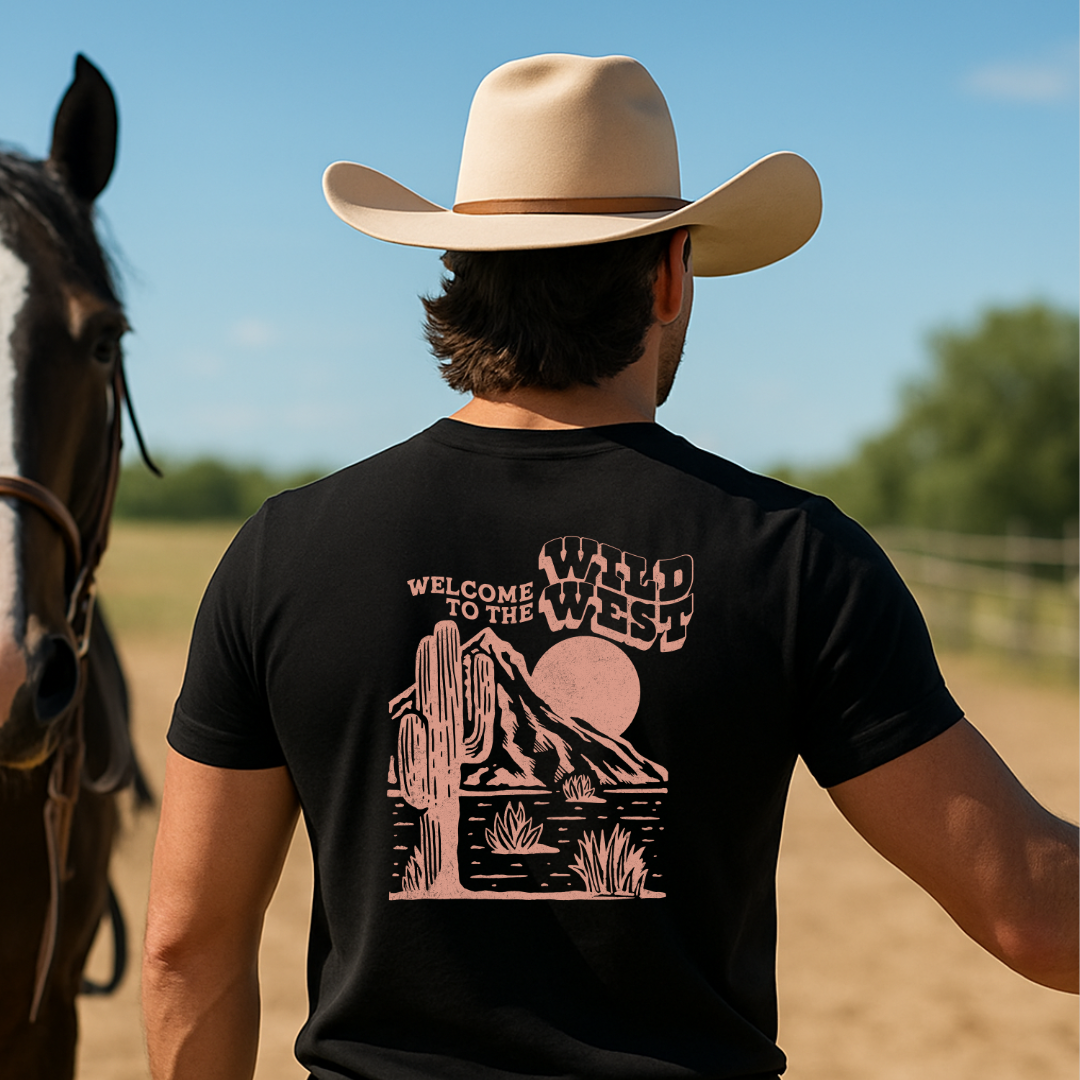 Camiseta casual de corte holgado con cuello redondo, manga corta, 100% Algodón, con diseño vaquero wild west cowboy. Perfecta para el estilo diario.
