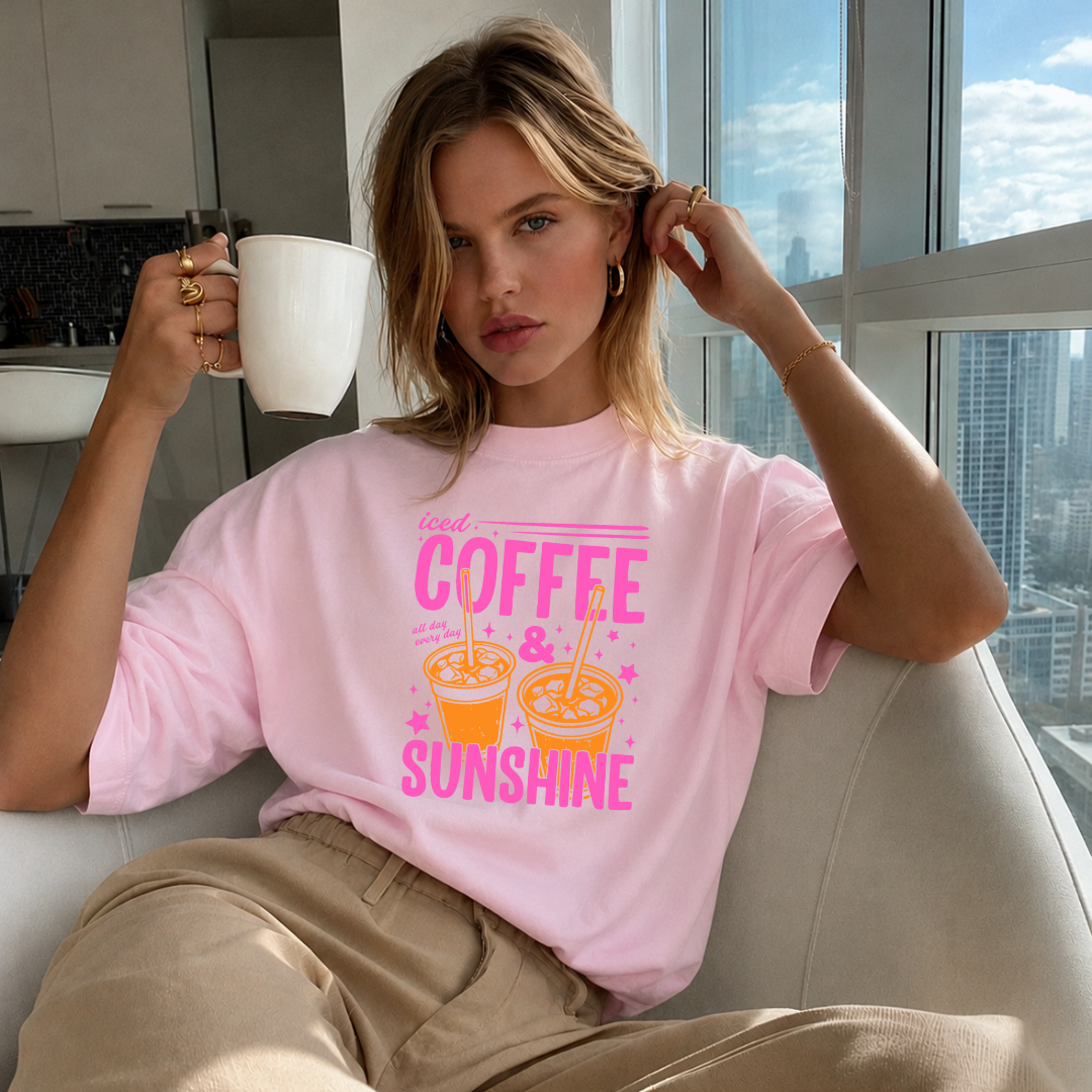 Camiseta con estampado,  100% Algodón, Camiseta casual de manga corta y cuello redondo, con diseño coffee sunshine  DTF. Perfecta para el estilo diario.