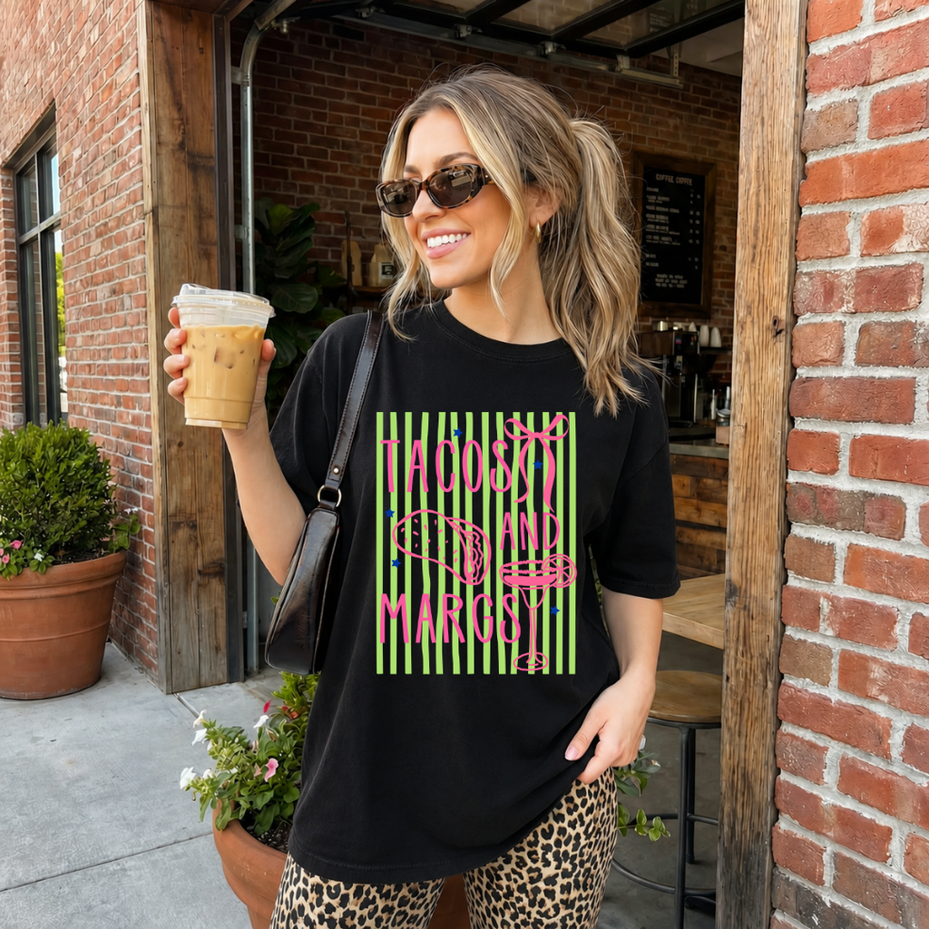 Camiseta con estampado,  100% Algodón, Camiseta casual de manga corta y cuello redondo, con diseño naranjas tacos y Margaritas DTF. Perfecta para el estilo diario.