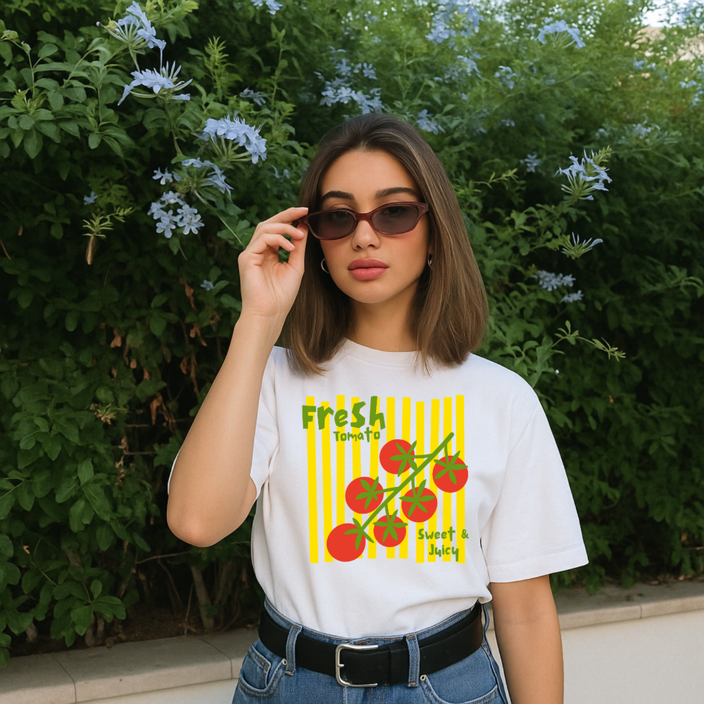 Camiseta con estampado,  100% Algodón, Camiseta casual de manga corta y cuello redondo, con diseño Tomato Fresh  DTF. Perfecta para el estilo diario.