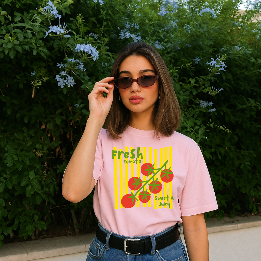 Camiseta con estampado,  100% Algodón, Camiseta casual de manga corta y cuello redondo, con diseño Tomato Fresh  DTF. Perfecta para el estilo diario.