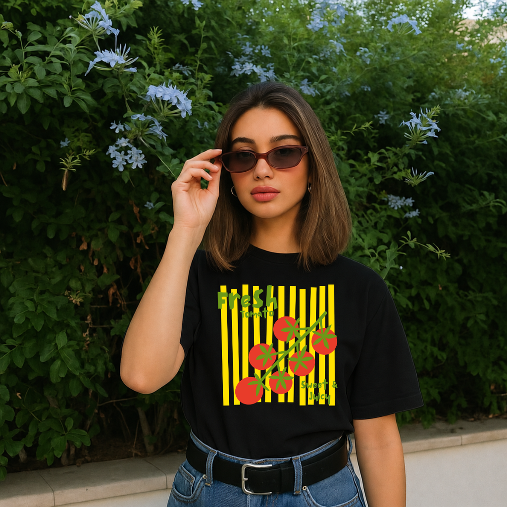 Camiseta con estampado,  100% Algodón, Camiseta casual de manga corta y cuello redondo, con diseño Tomato Fresh  DTF. Perfecta para el estilo diario.