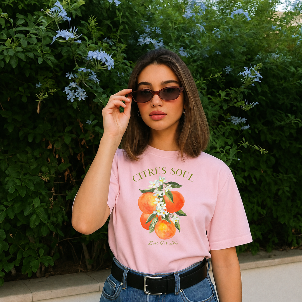 Camiseta con estampado,  100% Algodón, Camiseta casual de manga corta y cuello redondo, con diseño naranjas  DTF. Perfecta para el estilo diario.