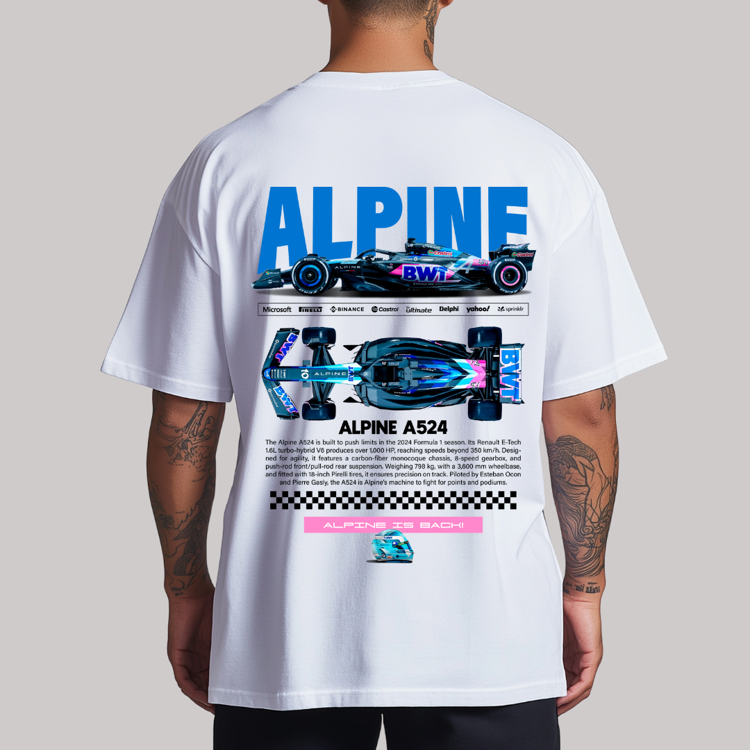 Playera Oversize Cuello Redondo, Manga Corta 100% Algodón, con Diseño Formula 1 (ALPINE)