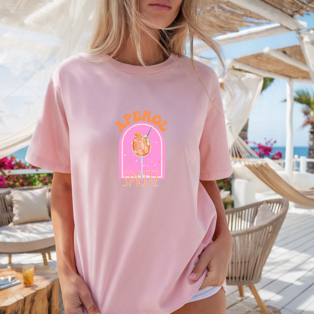 Camiseta casual de corte holgado con cuello redondo, manga corta, 100% Algodón, con gráfico de Aperol. Perfecta para el estilo diario.