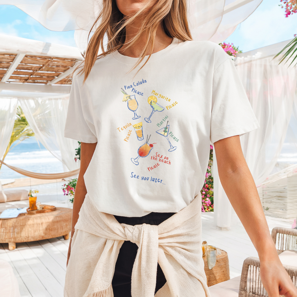 Camiseta casual de corte holgado con cuello redondo, manga corta, 100% Algodón, con gráfico de Drinks. Perfecta para el estilo diario.