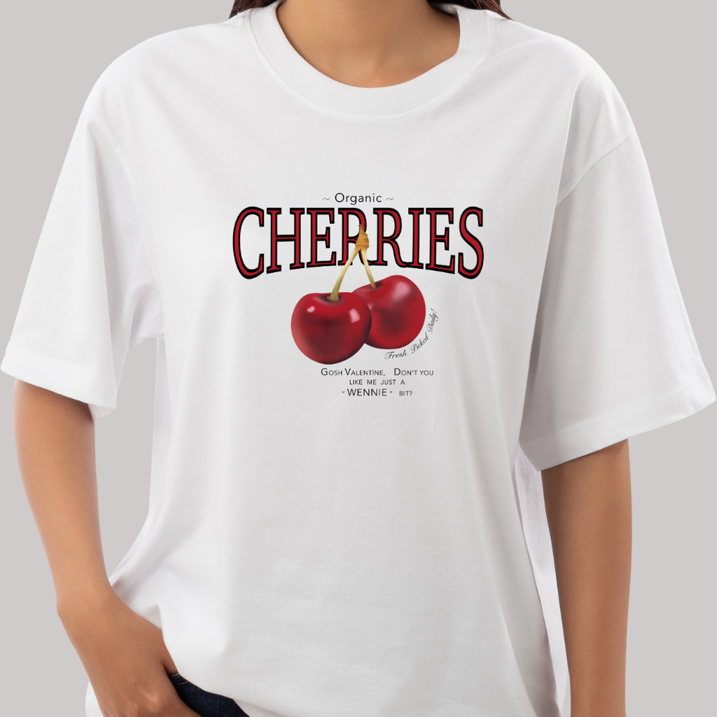 Playera Oversize Cuello Redondo, Manga Corta 100% Algodón, con Diseño Cherries