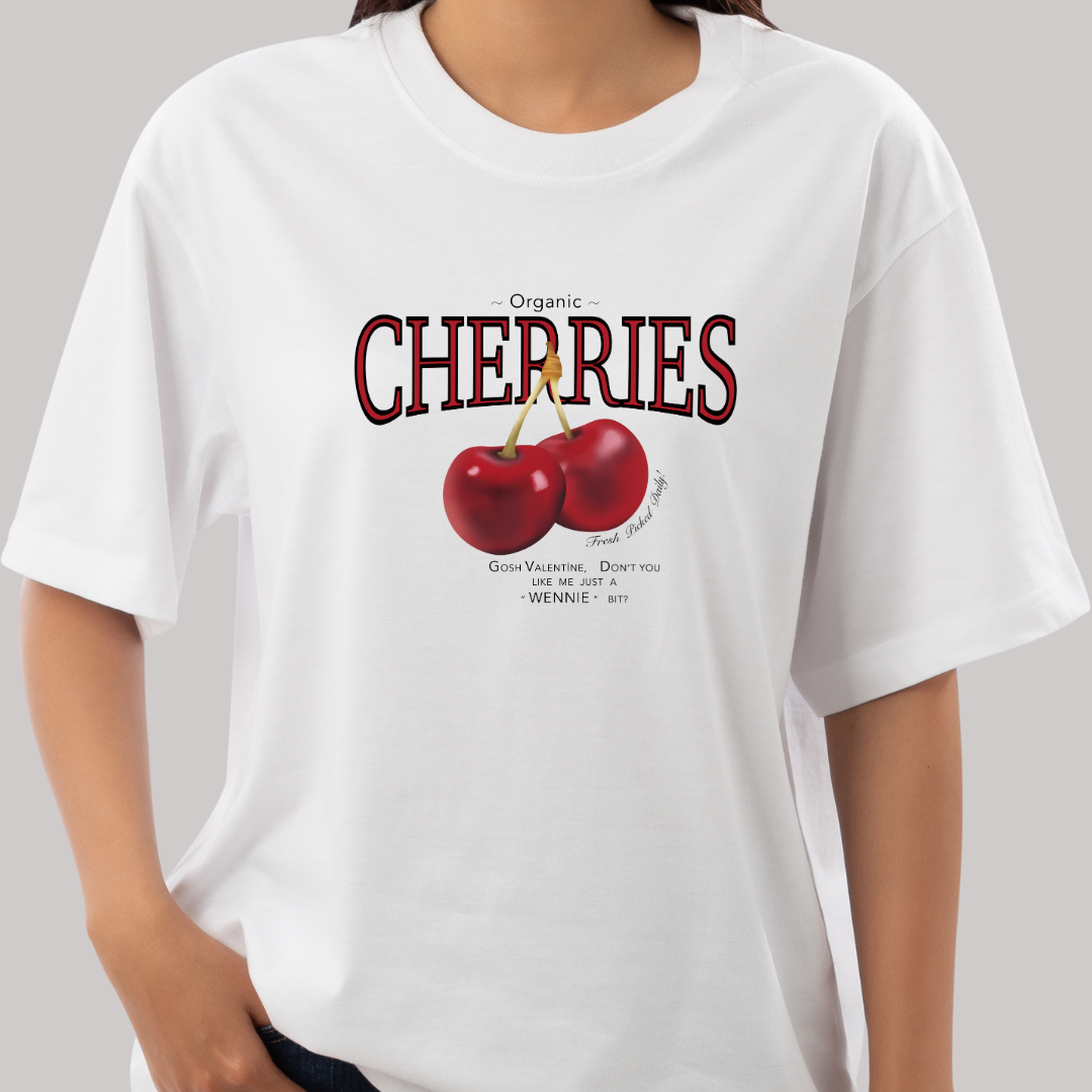 Playera Oversize Cuello Redondo, Manga Corta 100% Algodón, con Diseño Cherries