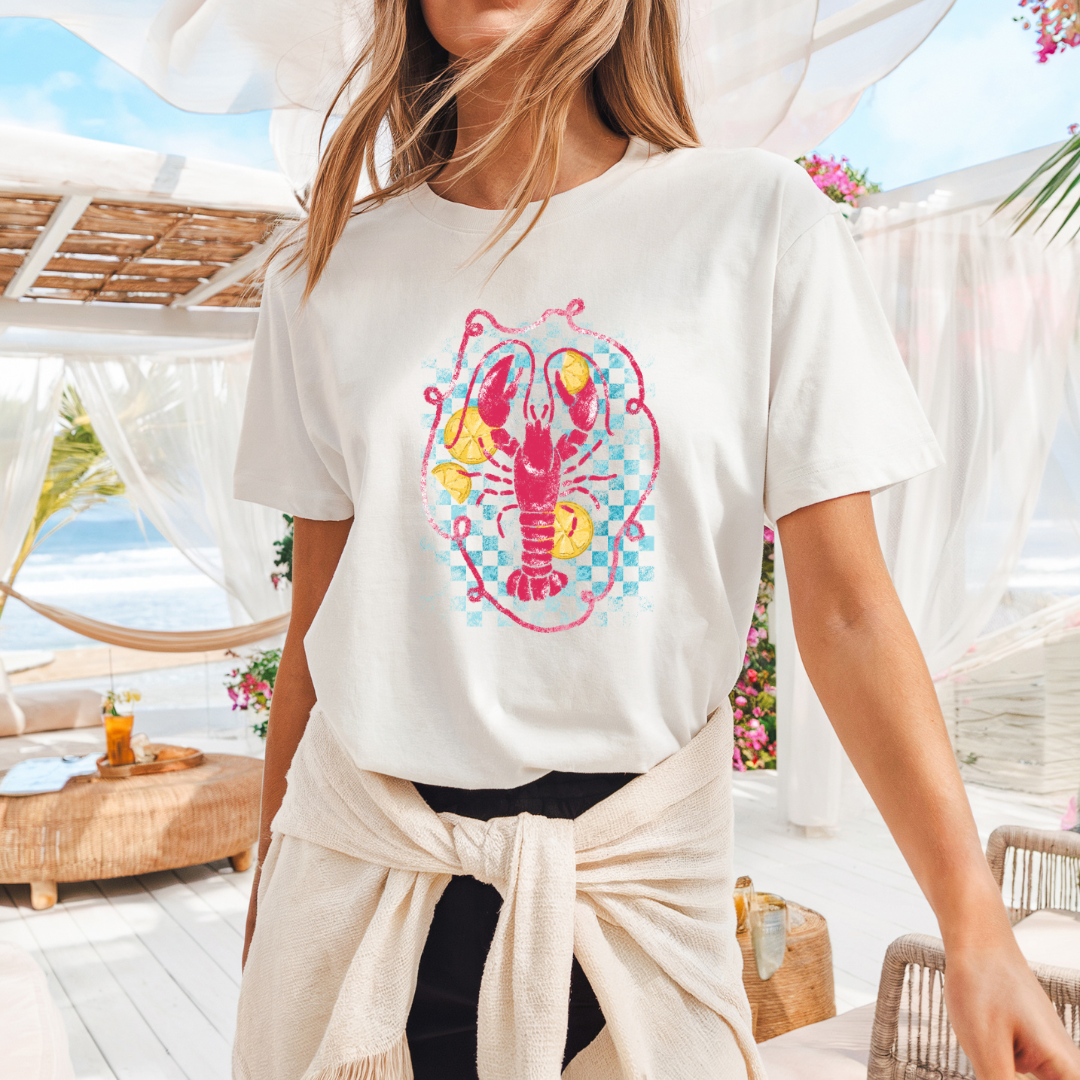 Camiseta casual de corte holgado con cuello redondo, manga corta, 100% Algodón, con gráfico de Langosta. Perfecta para el estilo diario.