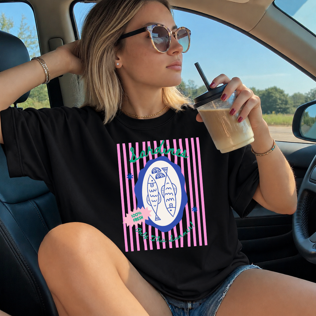 Camiseta con estampado,  100% Algodón, Camiseta casual de manga corta y cuello redondo, con diseño naranjas Sardines DTF. Perfecta para el estilo diario.