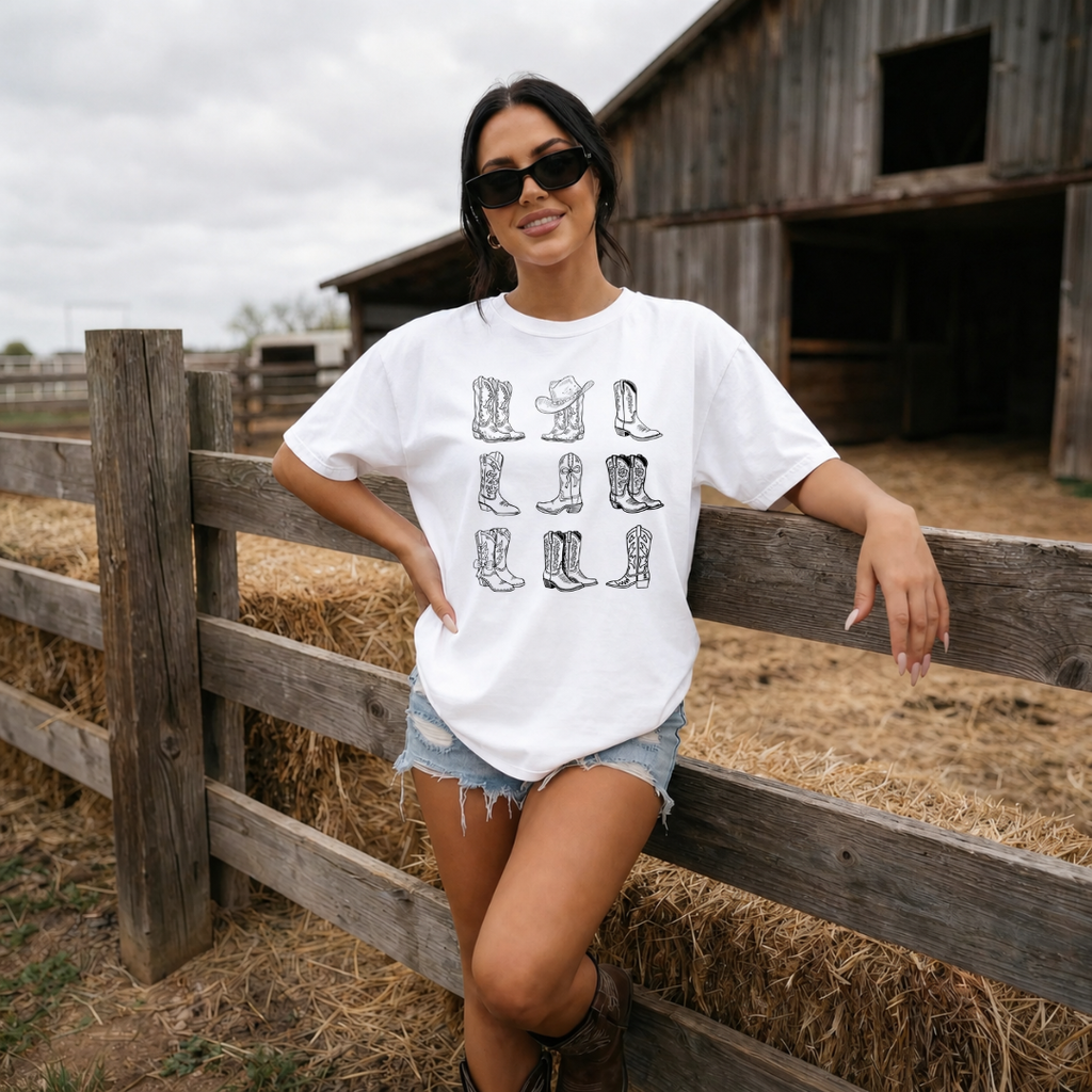 Camiseta con estampado,  100% Algodón, Camiseta casual de manga corta y cuello redondo, con diseño vaquero Botass DTF. Perfecta para el estilo diario.