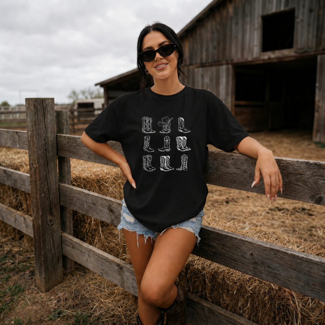 Camiseta con estampado,  100% Algodón, Camiseta casual de manga corta y cuello redondo, con diseño vaquero Botass DTF. Perfecta para el estilo diario.