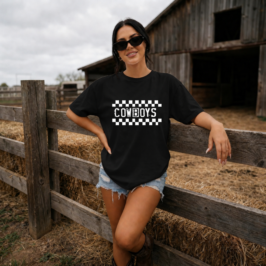 Camiseta con estampado,  100% Algodón, Camiseta casual de manga corta y cuello redondo, con diseño vaquero Cowboys DTF. Perfecta para el estilo diario.