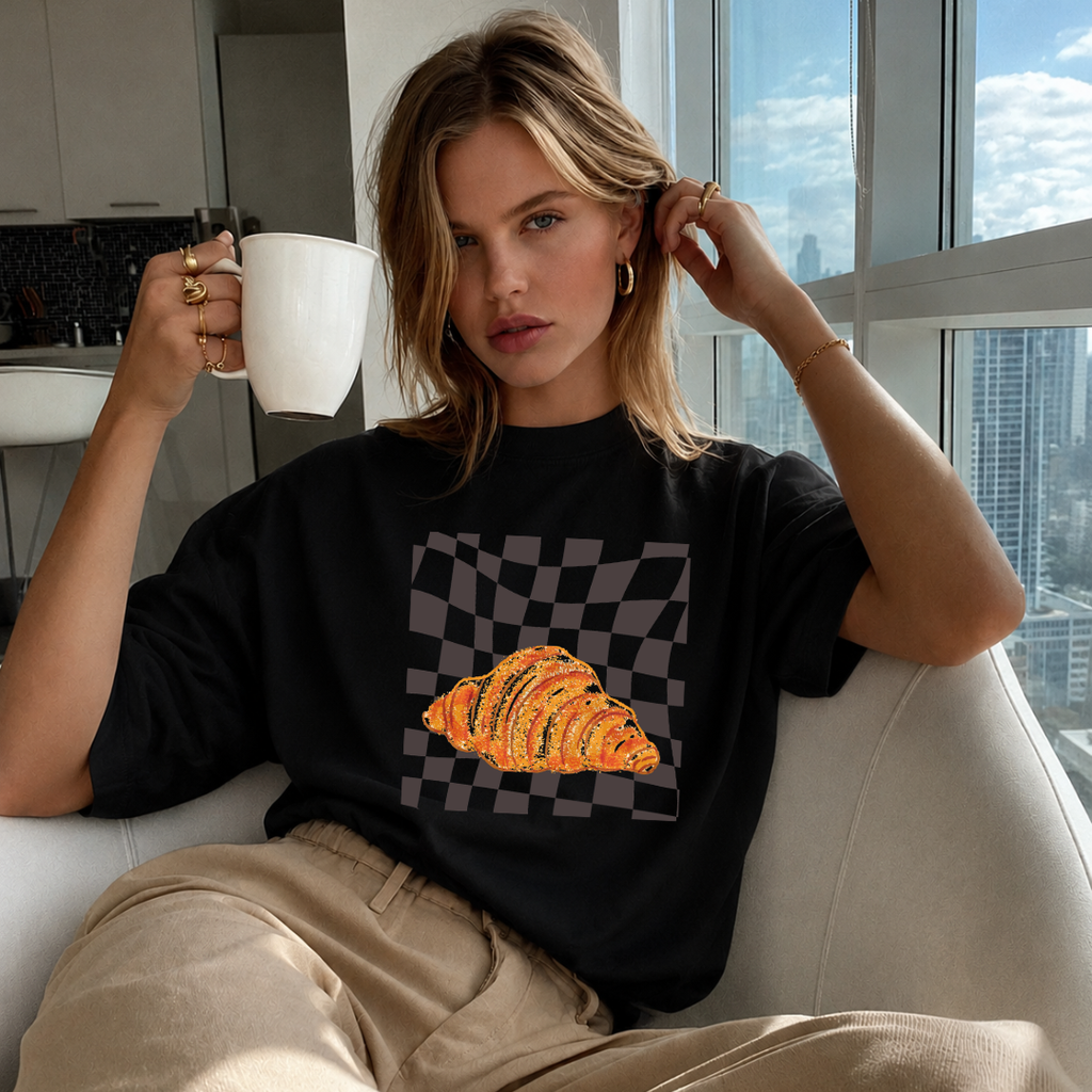 Camiseta con estampado,  100% Algodón, Camiseta casual de manga corta y cuello redondo, con diseño Croissant DTF. Perfecta para el estilo diario.