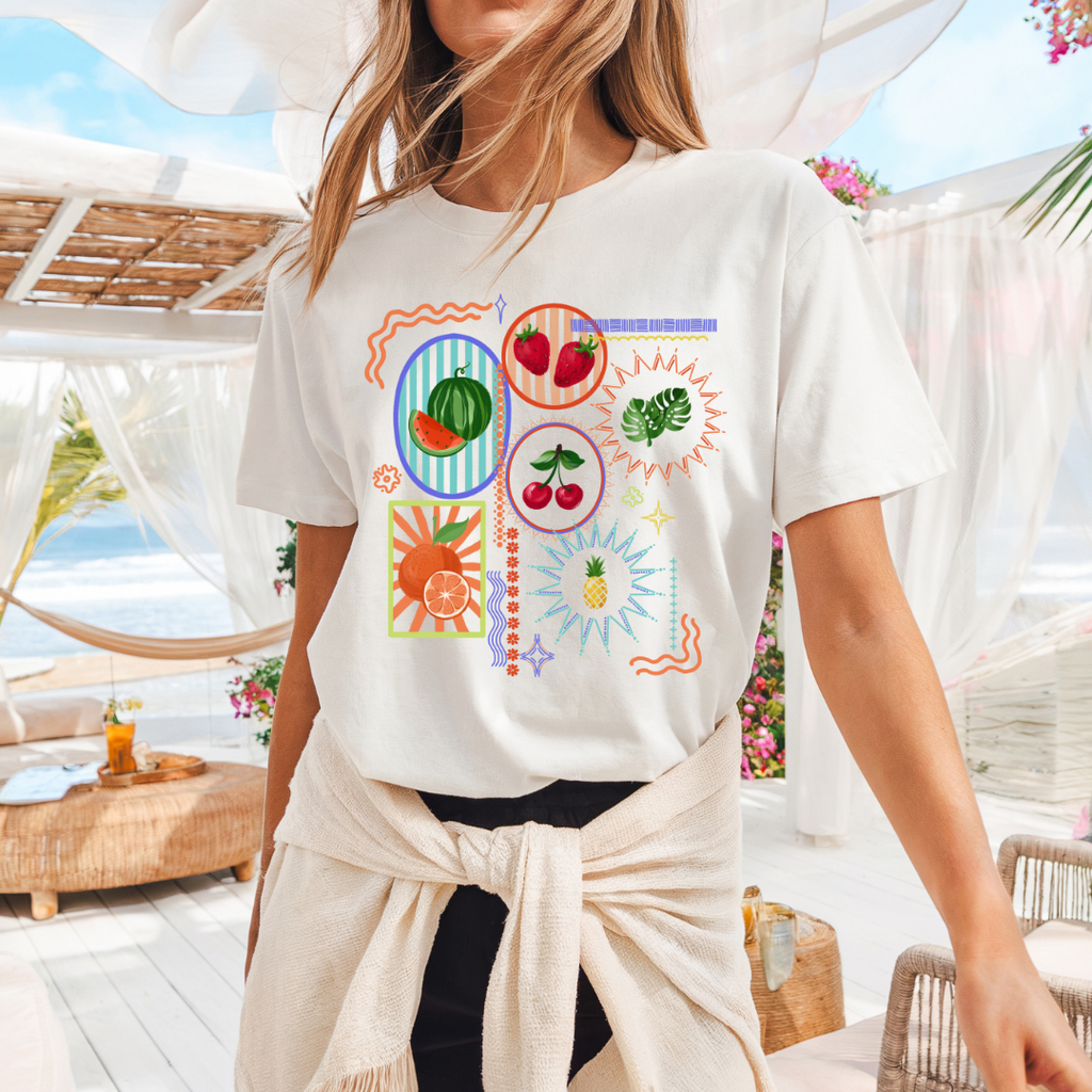 Camiseta casual de corte holgado con cuello redondo, manga corta, 100% Algodón, con gráfico de Frutal. Perfecta para el estilo diario.