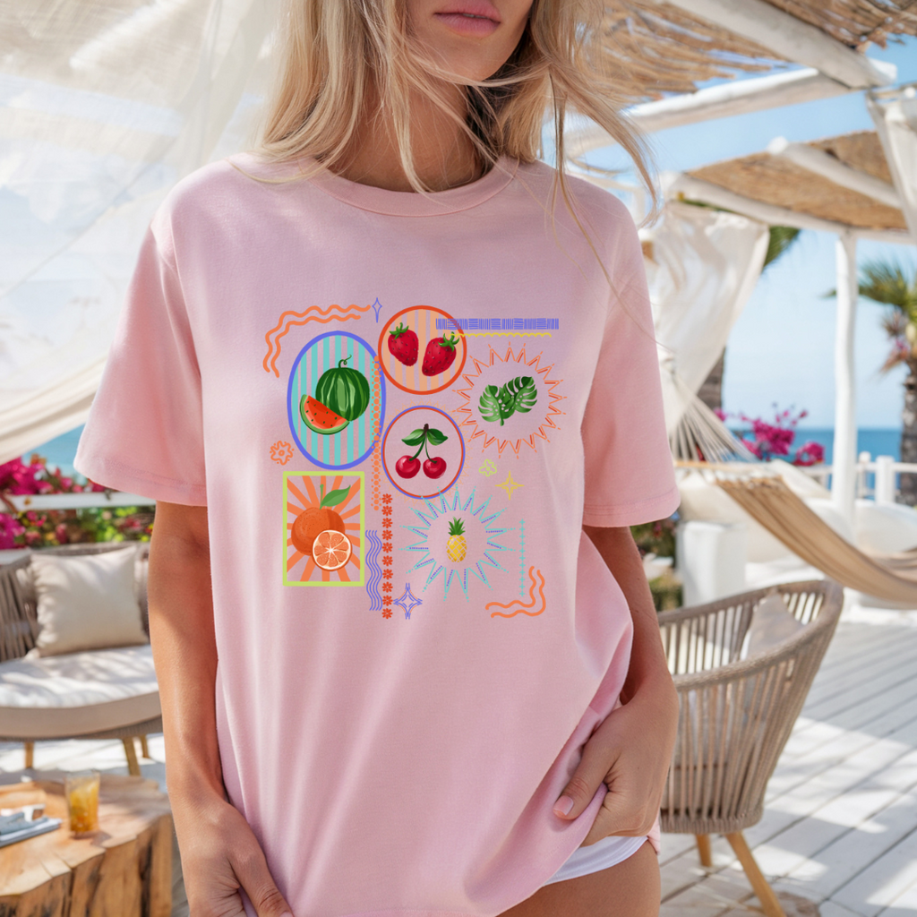 Camiseta casual de corte holgado con cuello redondo, manga corta, 100% Algodón, con gráfico de Frutal. Perfecta para el estilo diario.