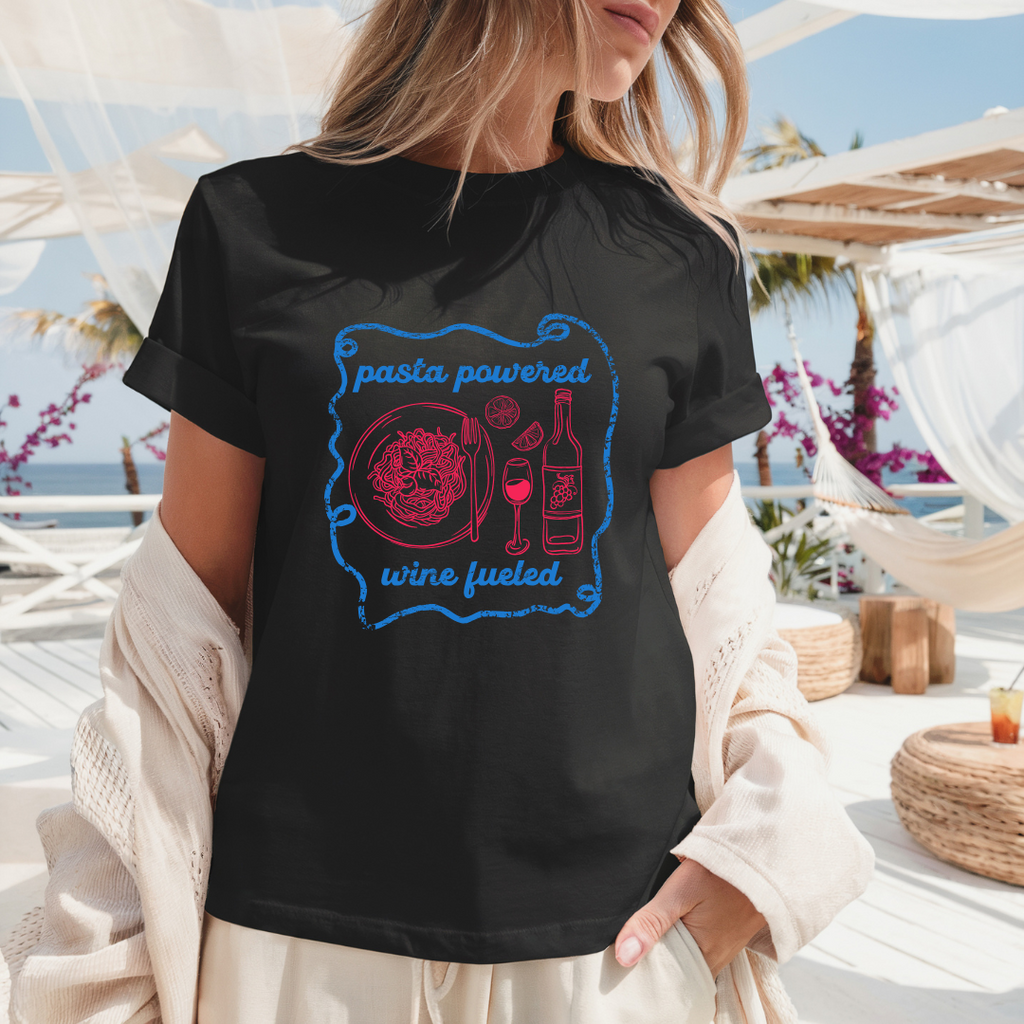 Camiseta casual de corte holgado con cuello redondo, manga corta, 100% Algodón, con gráfico de Pasta. Perfecta para el estilo diario.